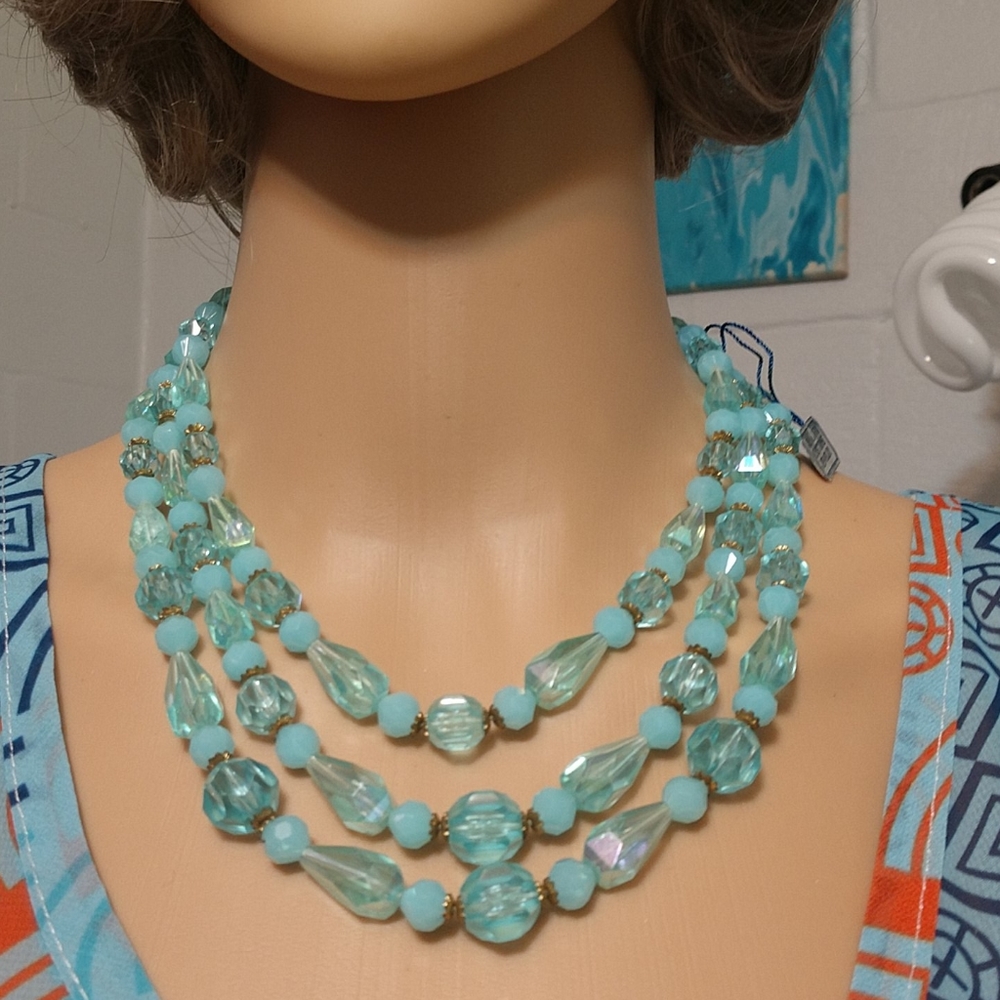 New Vintage Triple Strand Light Blue Green Beaded Necklace